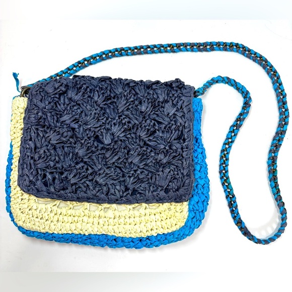 J. Crew Blue Colorblock Raffia Woven Crossbody Bag- Beach Quiet Luxury Handbag - Picture 1 of 10
